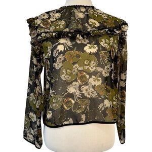 Zara chiffon long sleeve black and olive green floral blouse